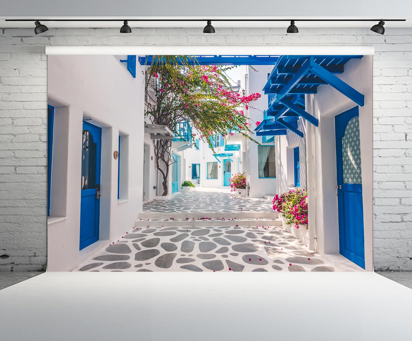 BELECO 12x10ft Fabric Greece Santorini Backdrop Morocco Blue Window Flowers Street - View #8