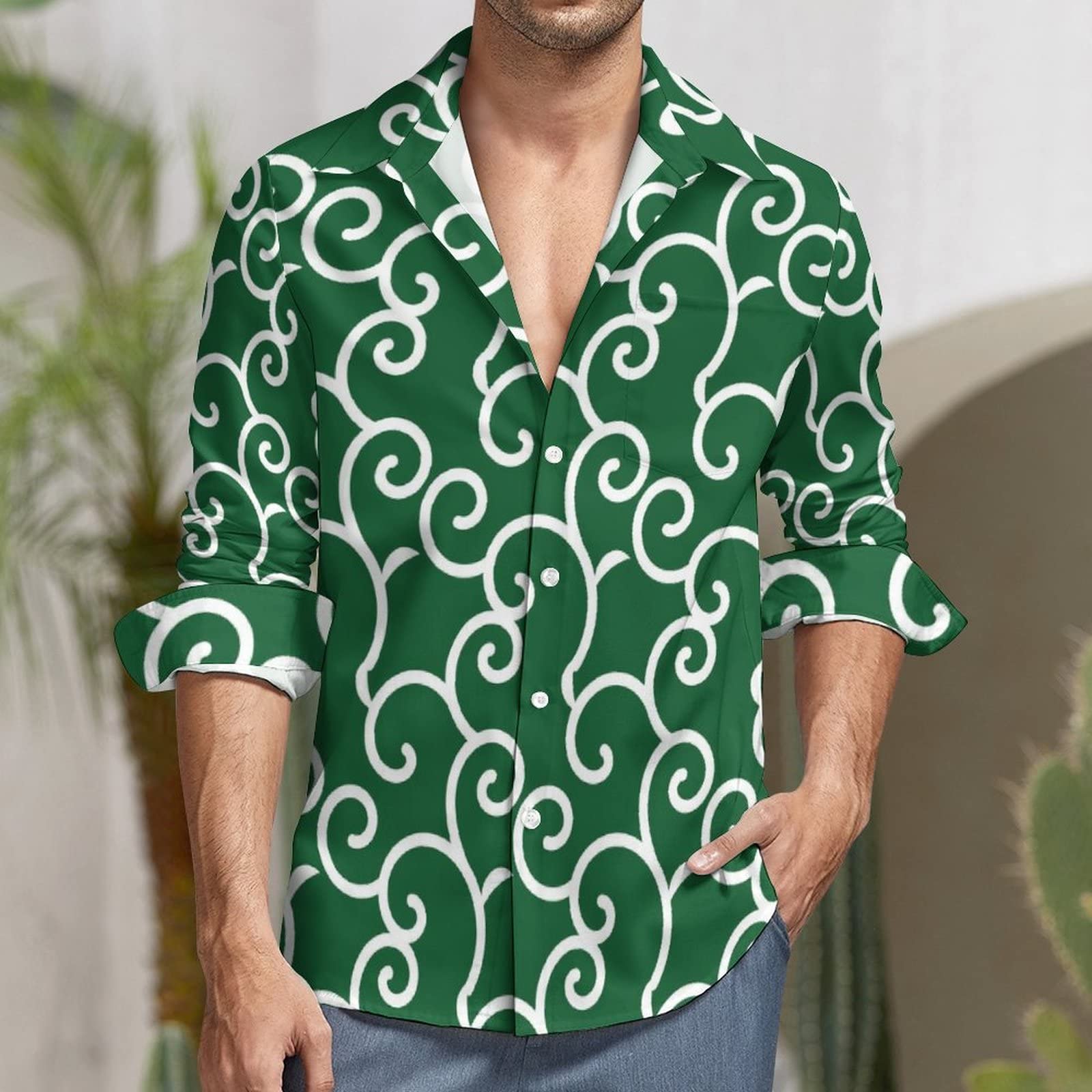 Amazon.co.jp: シャツ メンズ 長袖 Tシャツ 和柄 緑 唐草模様 アロハ 