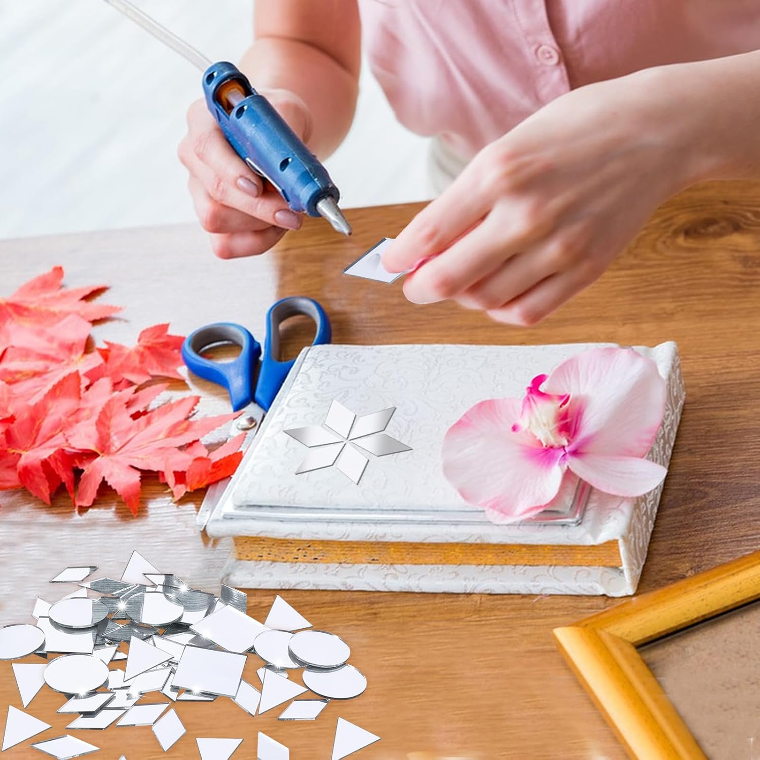 120 Pcs 4 Shapes Mirrors for Crafts, Small Mirror Pieces for Crafts DIY Mirror Mosaic Tiles Triangles/Squares/Rounds/Rhombus Glass Tiles 1 Inch Mirror Tile for Disco Balls Crafts Supplies - Image 5