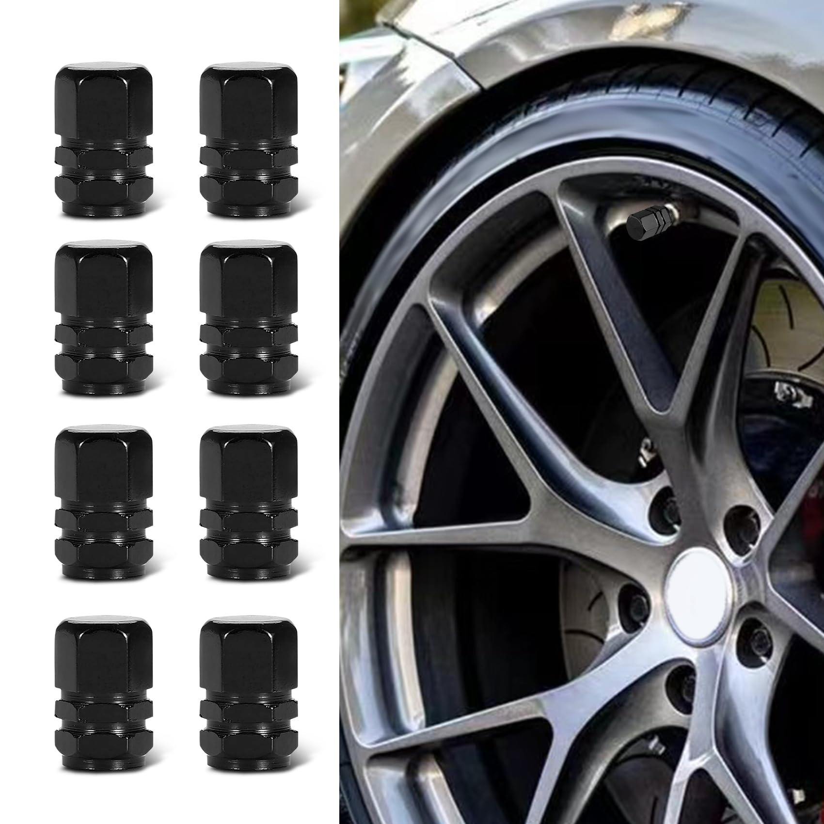 8PCS Car Tire Valve Caps, Tire Stem Caps, Car Tire Valve Stem Caps, Dustproof Aluminum Alloy Valve Stem Covers, Car Accessories Universal for Most Cars (Black, 8PCS)