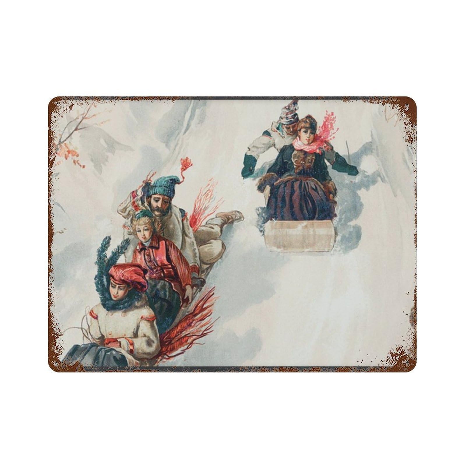 xiaoxiaoshen Vintage Victorian Christmas Sledding Illustration Wall Decor Art Metal Tin Poster Modern Home Decor Art Home Bar Shop Decorations Vintage Sign 30x40cm
