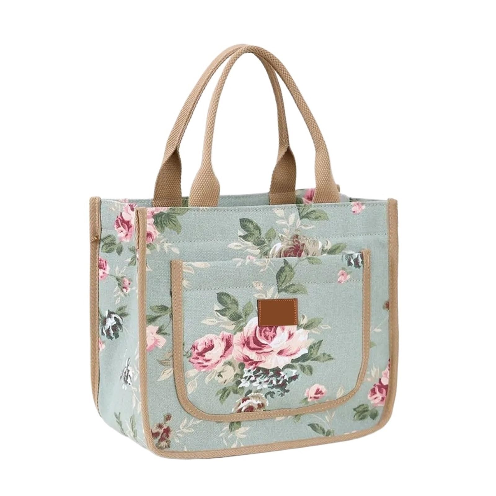 TXLEAPEY Aesthetic Floral Lunch Bag Insulated Large Capacity Lunch Bag Thermal Cooler Handbag For School Work Travel Picnic(Green)