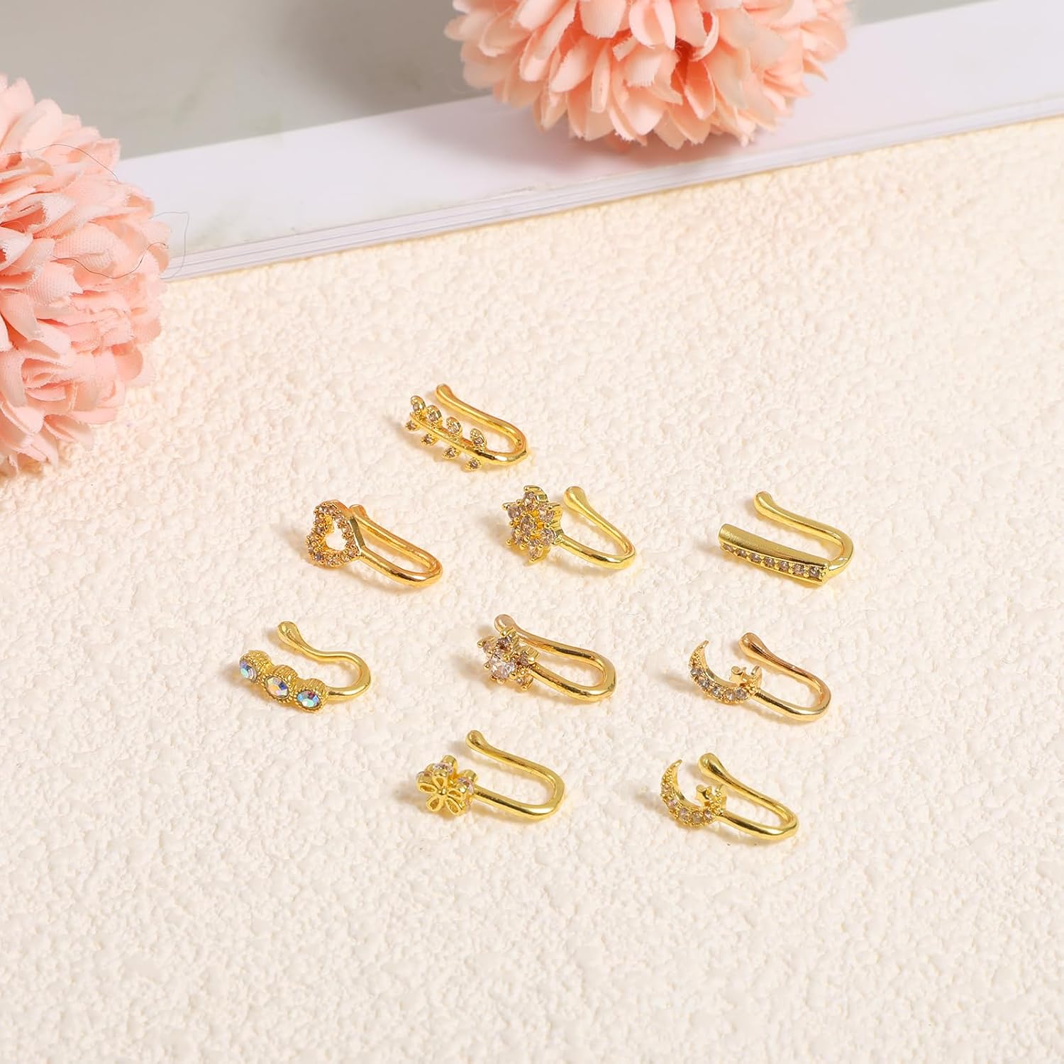 9Pcs Clip on Nose Ring, African Gold Nose Cuffs with Rhinestones Fake Noses Ring Clip Non Piercing Jewelry for Women Men