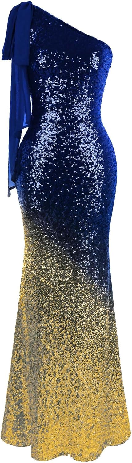 Angel-fashions Women's Asymmetric Ribbon Gradient Sequin Mermaid Long Prom Dress