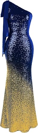 Angel-fashions Womens Asymmetric Ribbon Gradient Sequin Mermaid Long Prom Dress