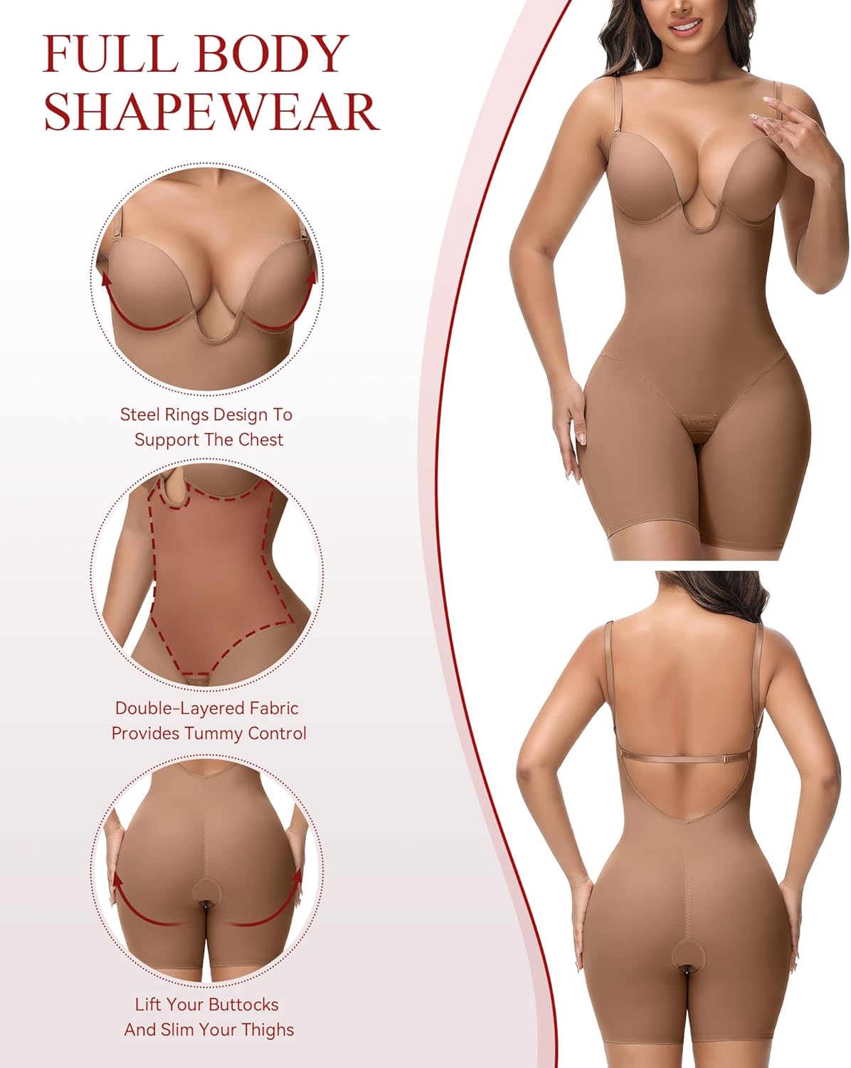 SHAPSHE Backless Shapewear Strapless Deep U Plunge Bodysuit for Women Built In Bra Tummy Control Low Back Body Shaper - Image 3