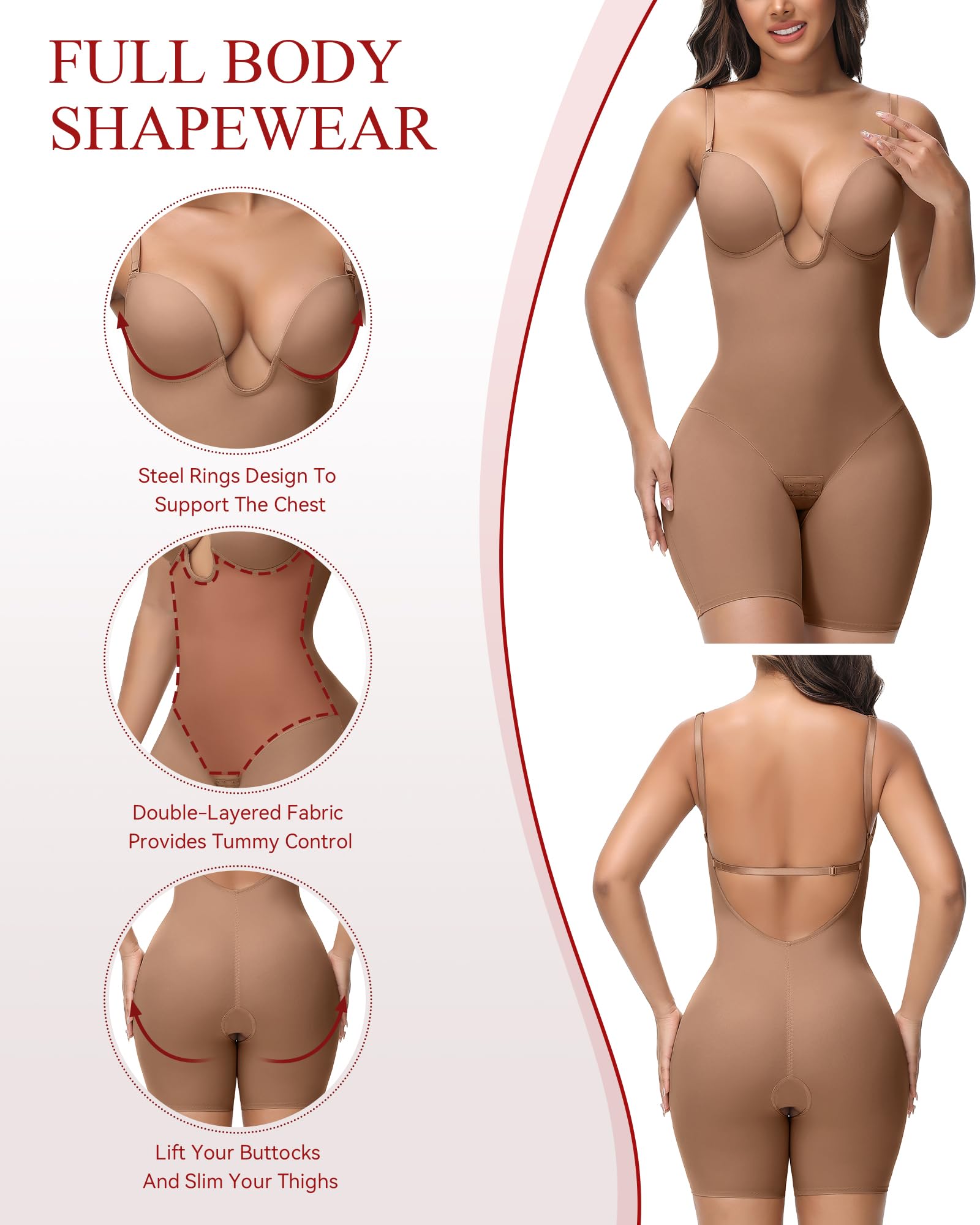 SHAPSHE, Body modellante da donna aperto sulla schiena, senza spalline, con scollo a U profondo, con reggiseno integrato, per il controllo della pancia e per modellare la schiena