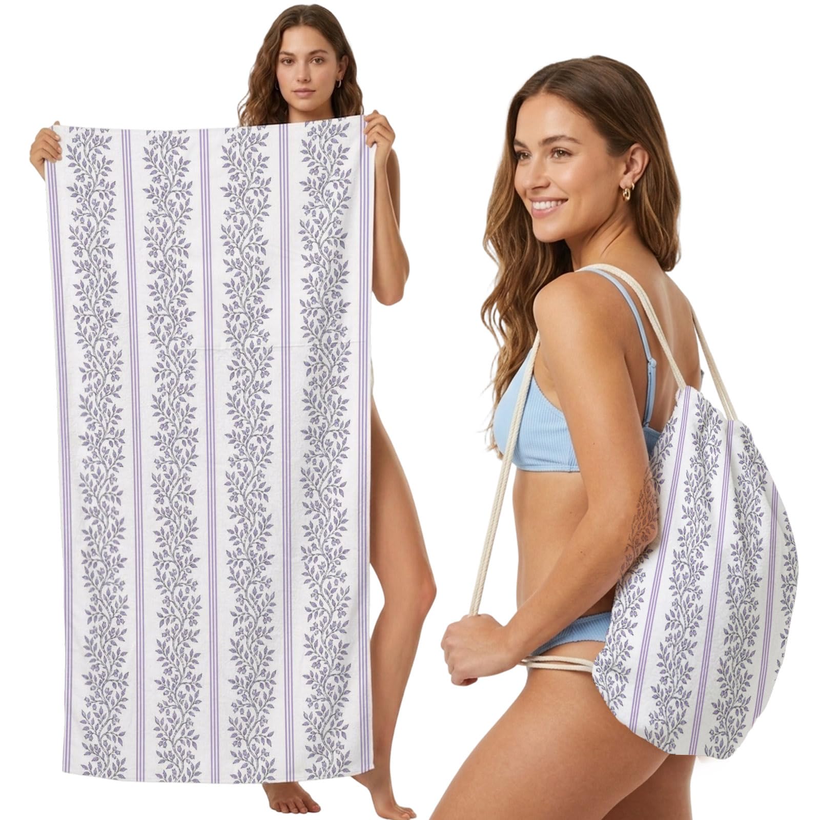 Beach Towel Bag 2 in 1 Lavender Leafy Vines Bath Pool Towels Backpack Vertical Stripes Lines Absorbent Beach Towel Soft Quick Dry Lightweight Packable Towels Drawstring Bag for Travel Sports Yoga