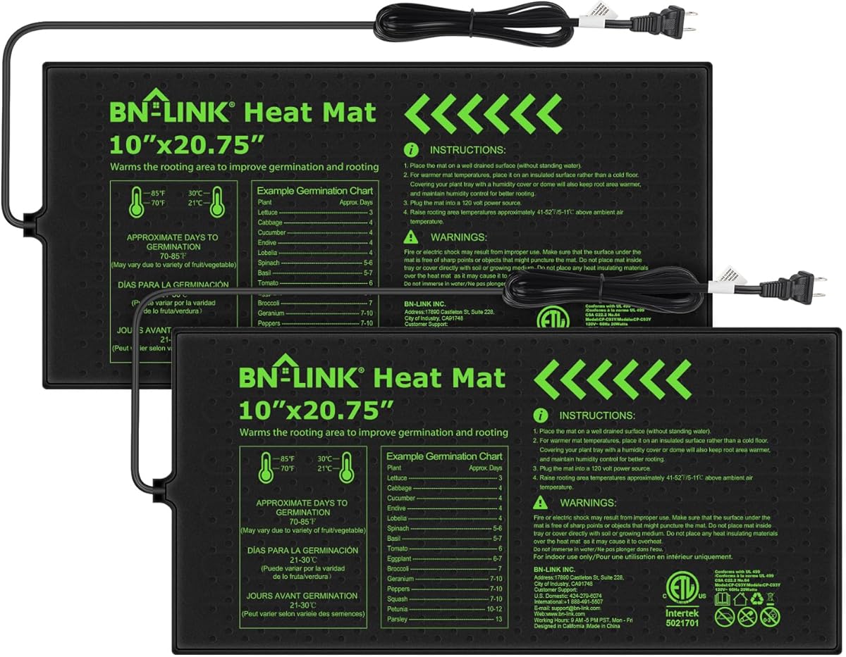 BN-LINK Durable Seedling Heat Mat for Seed Starting 10" x 20.75", 2 Pack Waterproof Warming Mat Plant Heating Pad for Seed Germination, Indoor Growing, Hydroponic, Greenhouse, ETL Listed