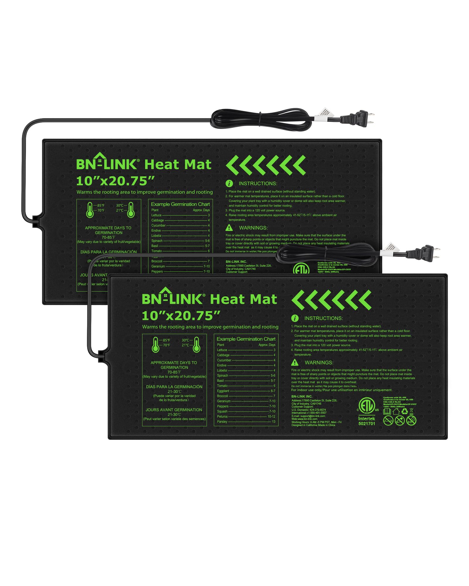 BN-LINK Durable Seedling Heat Mat for Seed Starting 10" x 20.75", 2 Pack Waterproof Warming Mat Plant Heating Pad for Seed Germination, Indoor Growing, Hydroponic, Greenhouse, ETL Listed