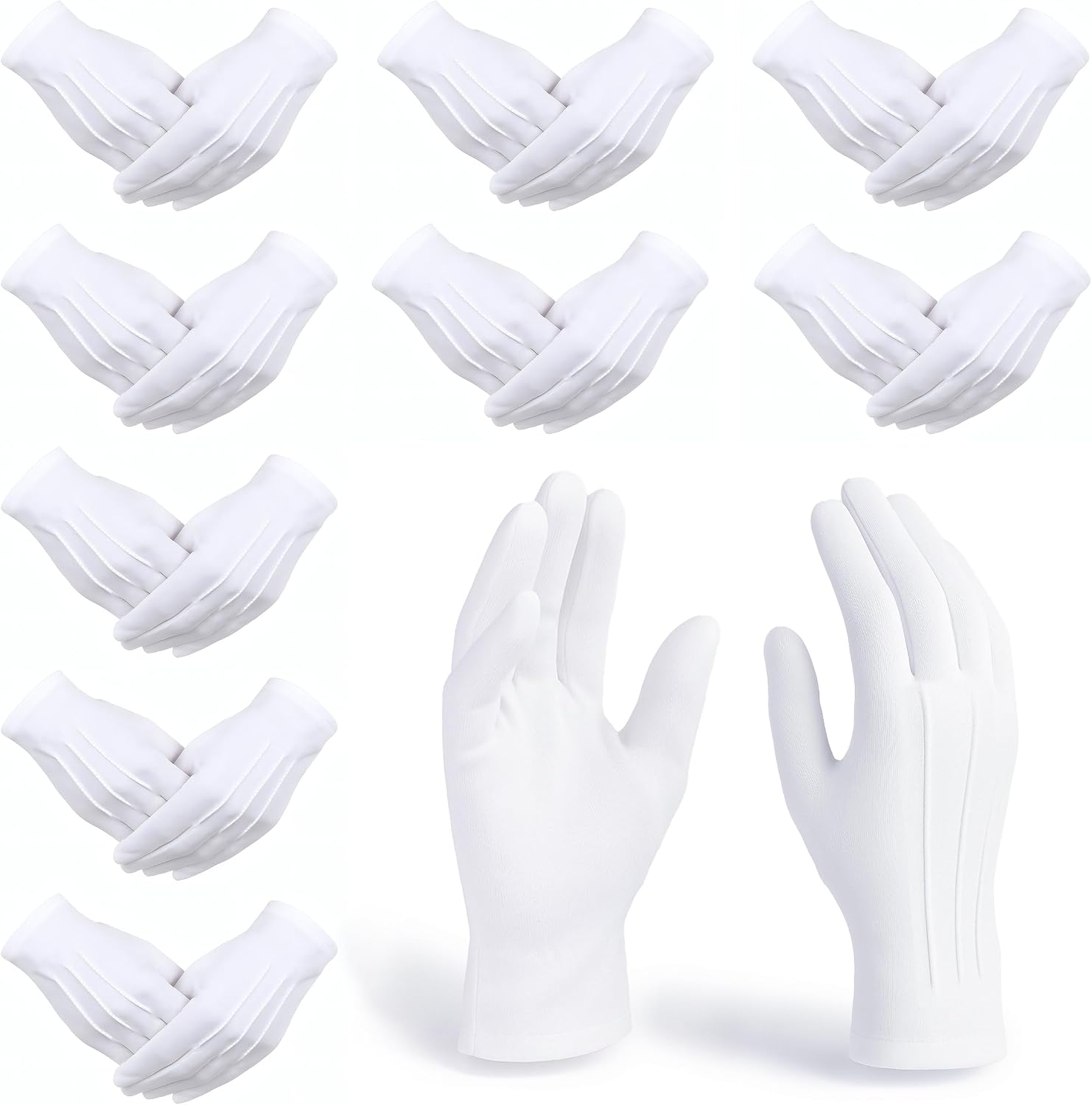 White Gloves Men, 10 Pairs White Gloves Costume with High Elasticity, Wrinkle-Resistance, Tridimensional Stripe for Uniform