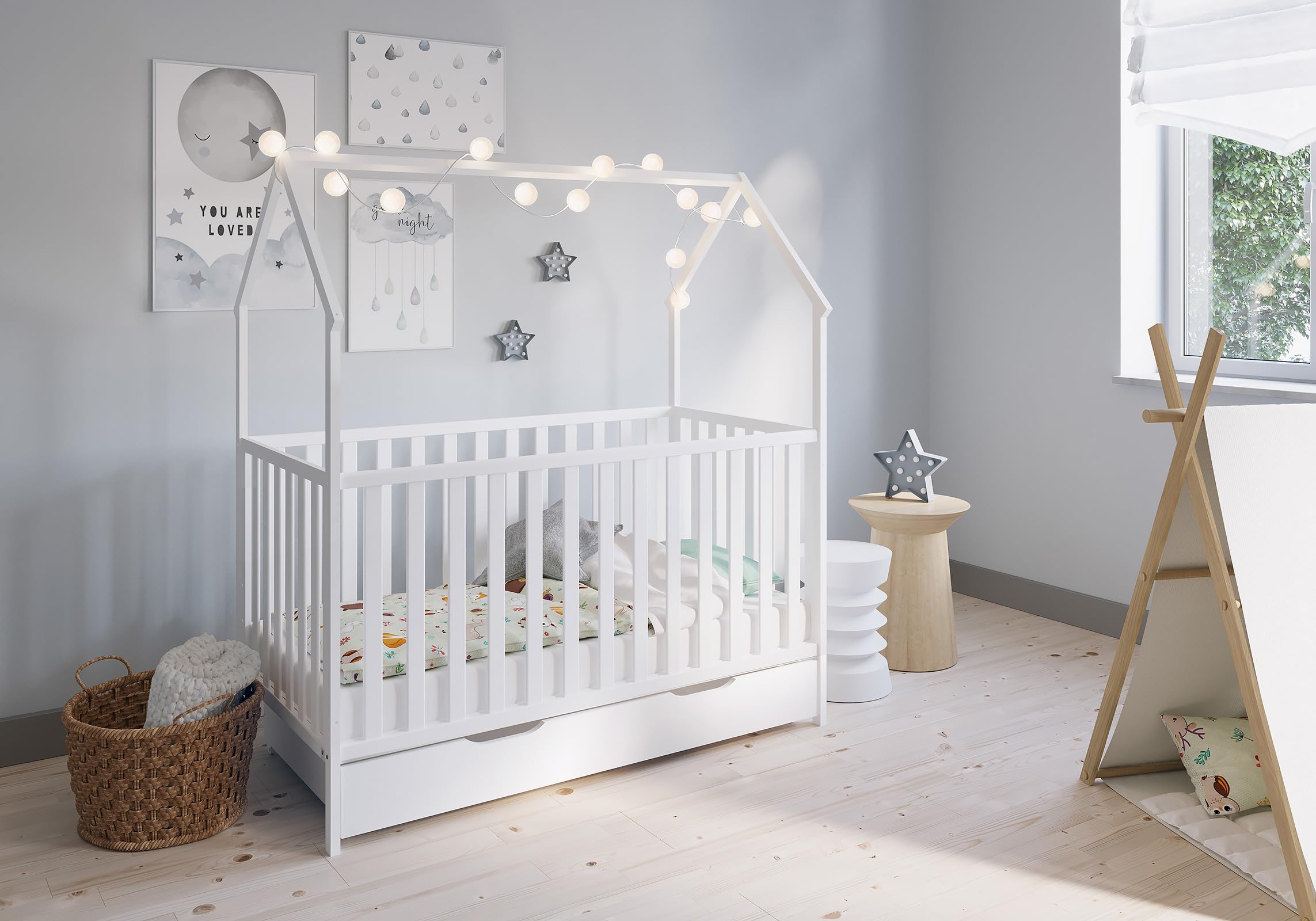 FabiMax Kinderbett Hausbett Schlafmütze mit Schublade, Weiß lackiert, 140x70 cm, aus massivem Kiefernholz (Keine Matratze, Mit Schublade)