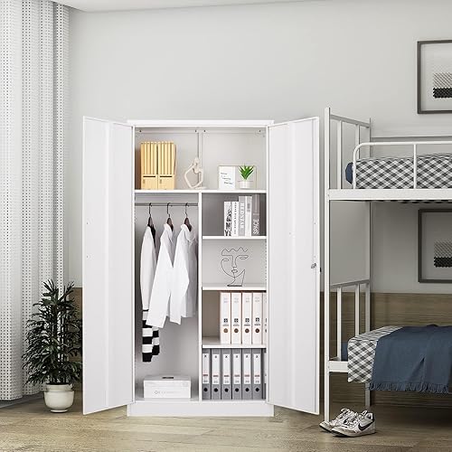 Miniatura 9 de Yizosh Armario de metal para colgar ropa con puertas de cerradura, armario de acero con cerradura de 72 pulgadas, organizador de ropa para