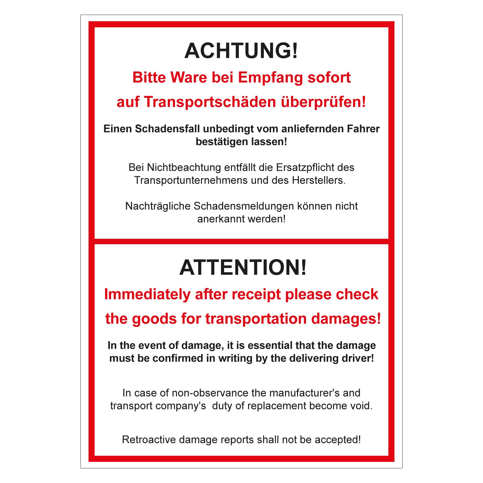 Paketaufkleber Achtung! Bitte Ware bei Empfang sofort überprüfen, deutsch/englisch, Haftpapier, 74 x 105 mm, 500 Stück/Rolle