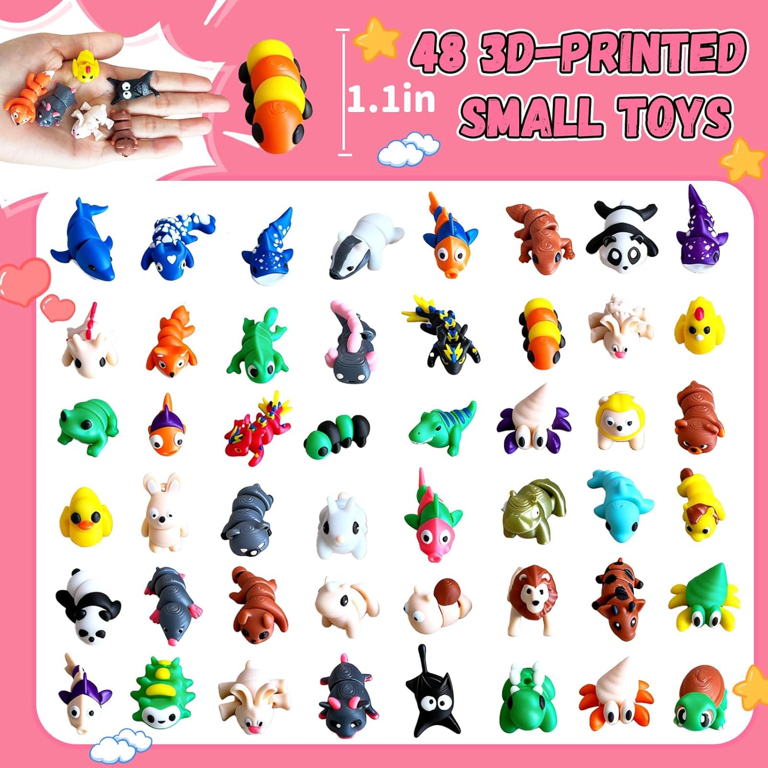 SHULI 48 Pack 3D Printed Animal Set, Fidget Sensory Toys for Kids & Adults, Eco-Friendly PLA Mini Figurines, Easter Basket Stuffers & Party Favors for Classroom Rewards