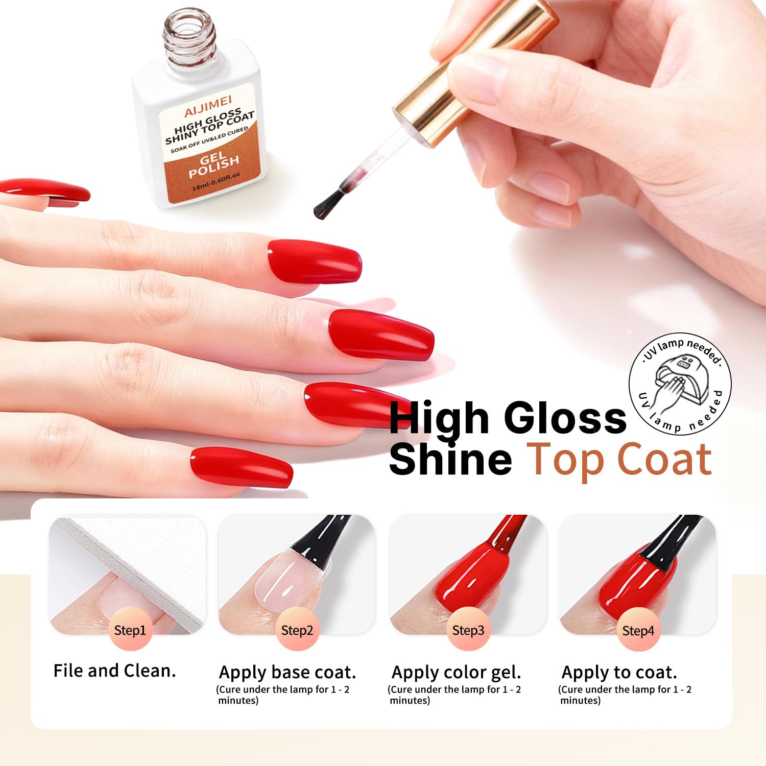 18ml Base Coat & Top Coat Gel Nail Polish Set - Long-Lasting UV/LED Cured, Chip-Resistant, High-Gloss Top Coat + Adhesive Base Coat for Gel Nails (2 Bottles)