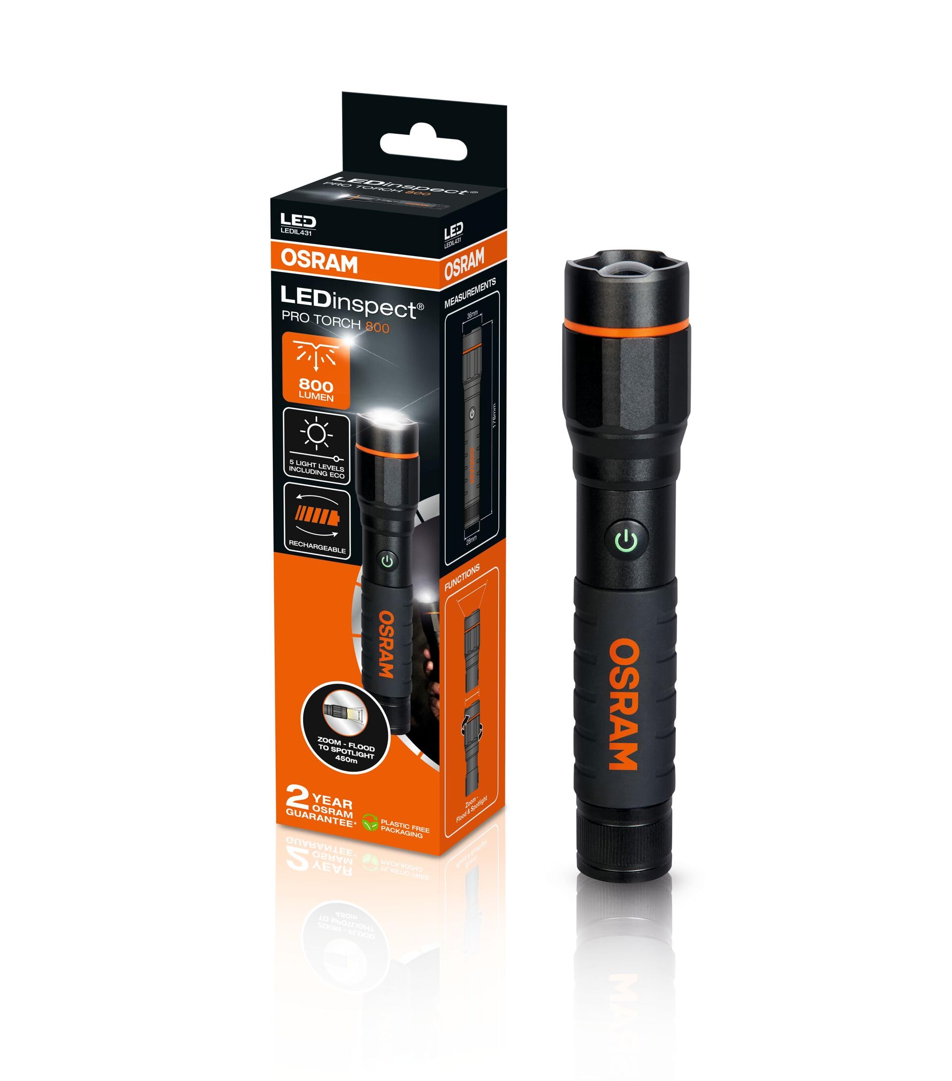 OSRAM LEDinspect PRO TORCH 800, rechargeable LED inspection torch, zoom function, 800lm brightness, 6000K, 5 light modes