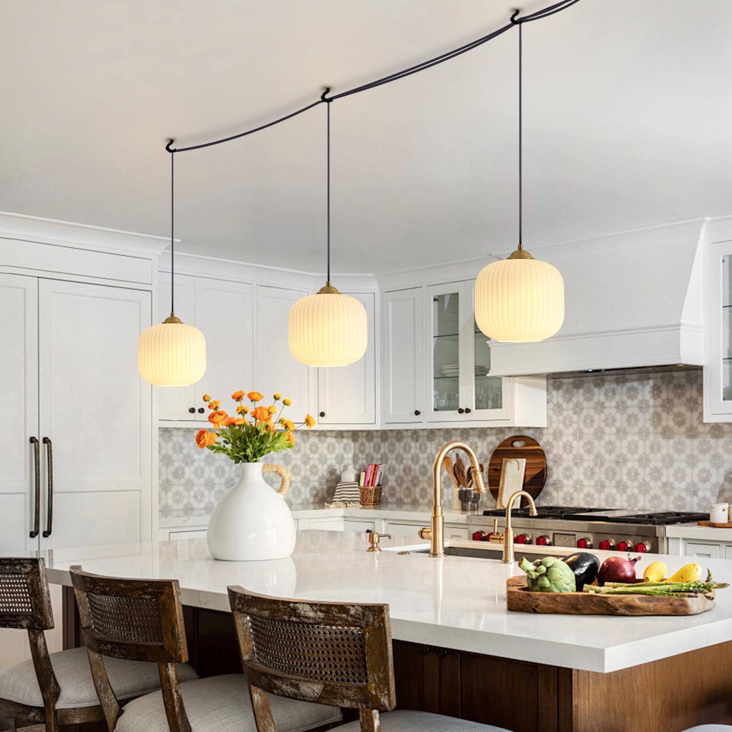 Small Milk Glass Hanging Pendant Light Plug in Brushed Gold Pendant Light Brass Pendant Lights Kitchen Island White Globe Lights Plug in Modern Hanging Chandelier