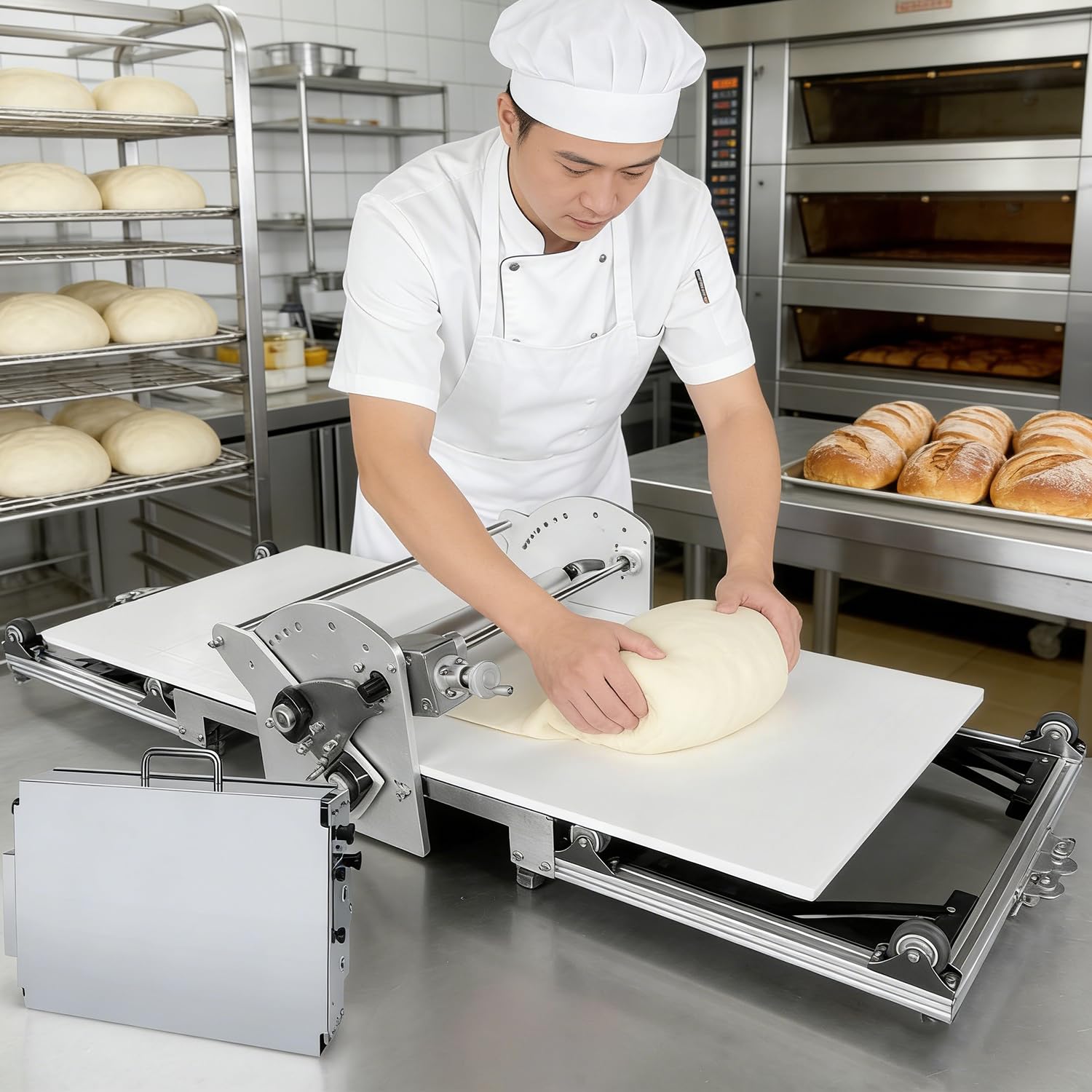 Laminadora de Masa de Acero Inoxidable,Rodillo eléctrico Plegable, diseño Compacto sobremesa, Grosor Ajustable 2 a 30 mm y prensado 450 mm de Ancho,para panaderías,Pizzas,Fondant