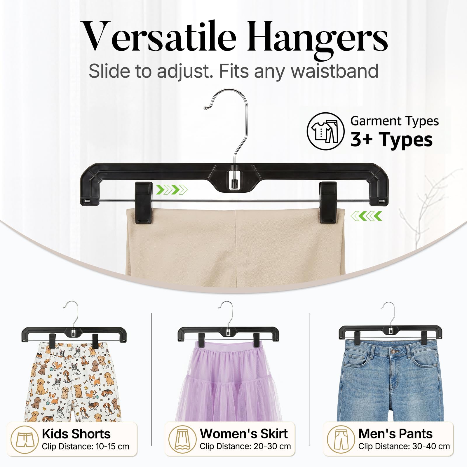 HOUSE DAY Appendini per pantaloni neri con clip, 12 pezzi, ciondoli a forma di gonna in plastica per donna, ganci a clip da 35 cm per pantaloni, gonne, jeans, pantaloncini e leggings, con gancio
