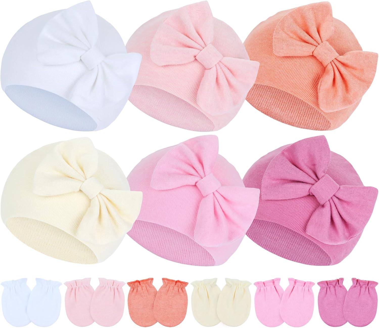 Cinaci 6 Sets Bow Turban Hats Nursery Caps Bonnets with No Scratch Mittens Gloves for 0-6M Baby Girls Newborns Infants