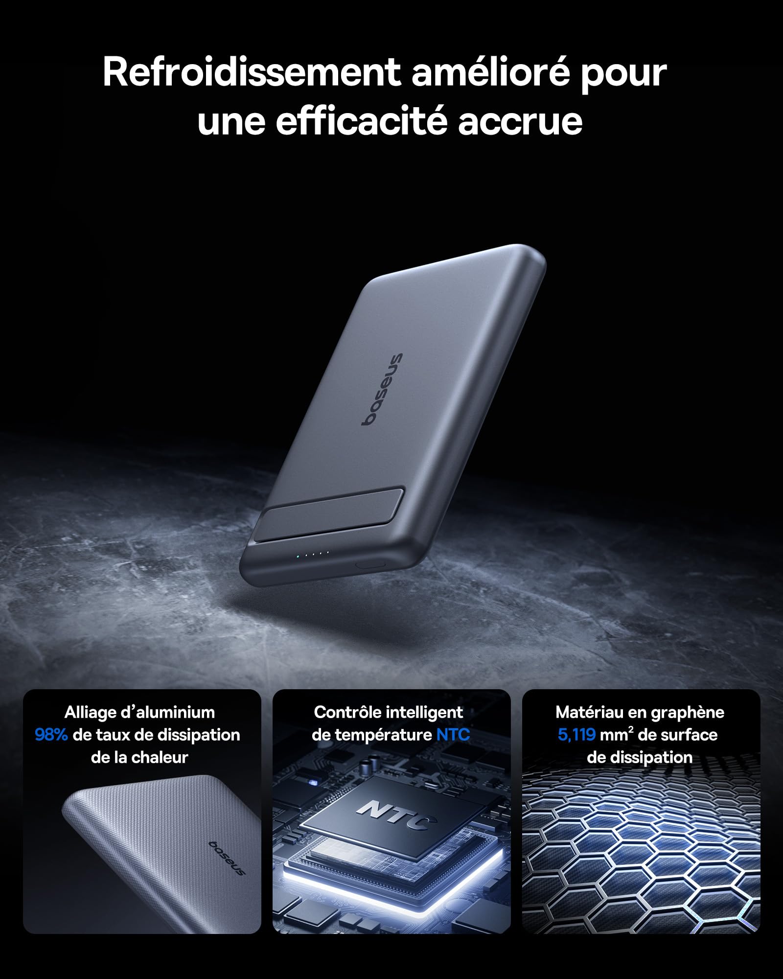 Baseus Mini MagSafe Powerbank 5000 mAh certifié Qi2 avec Support Pliable, PD 20 W, Batterie Externe magnétique USB C, sans Fil, Compatible avec iPhone 17/16/15/14/13/12/Pro/Pro Max, Gris