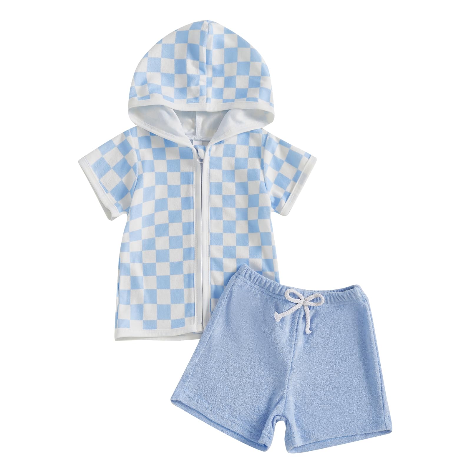 KMBANGI Toddler Baby Boy Swim Cover Up Striped/Chessboard Terry Zipper Hooded Tops Shorts Kids Bathing Suit Cover (SKY BLUE, 6-12M)