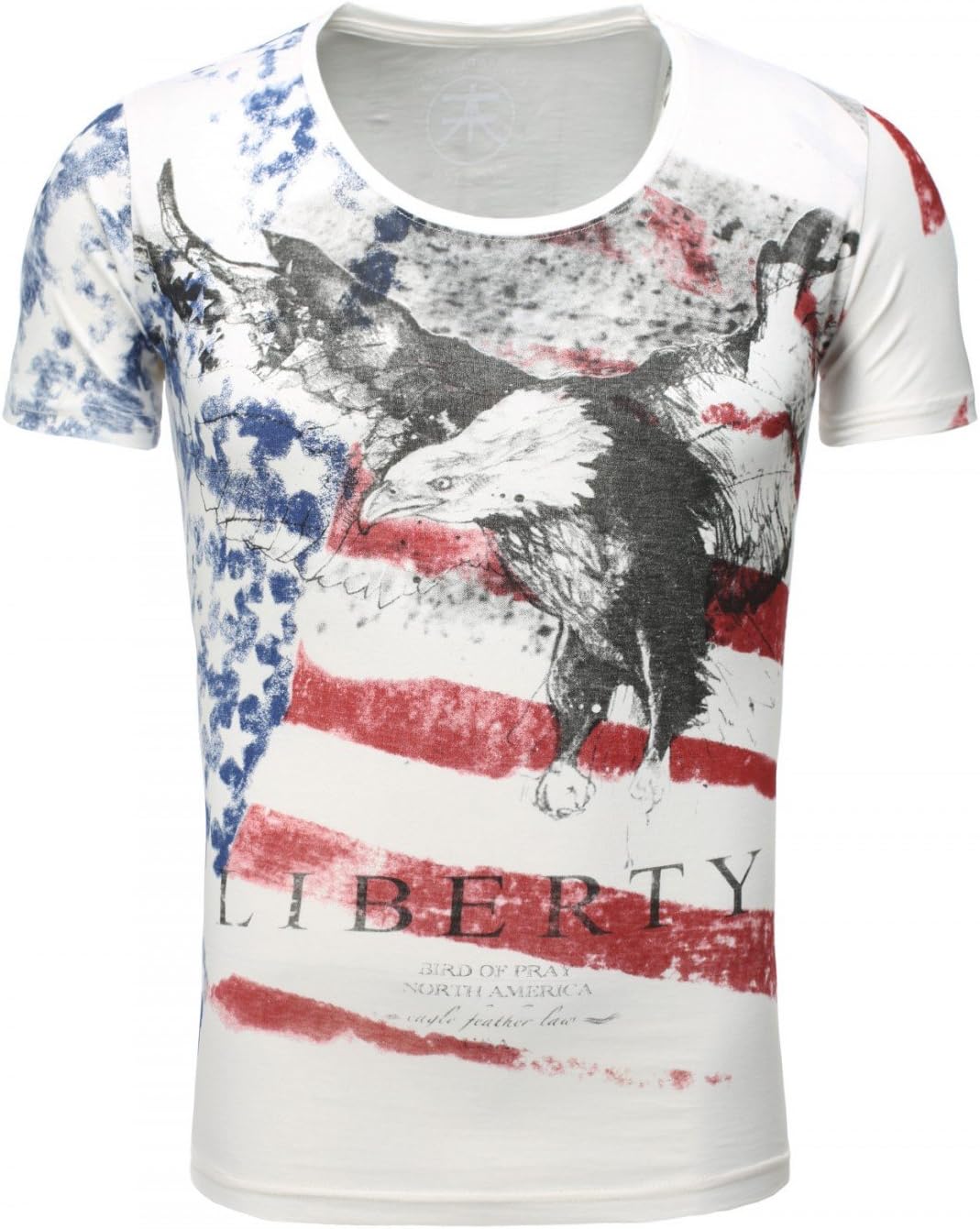 Akito Tanaka Men's Vintage Used Look T-Shirt Eagle Round Deep Round Neck Cut USA America Flag Eagle Print