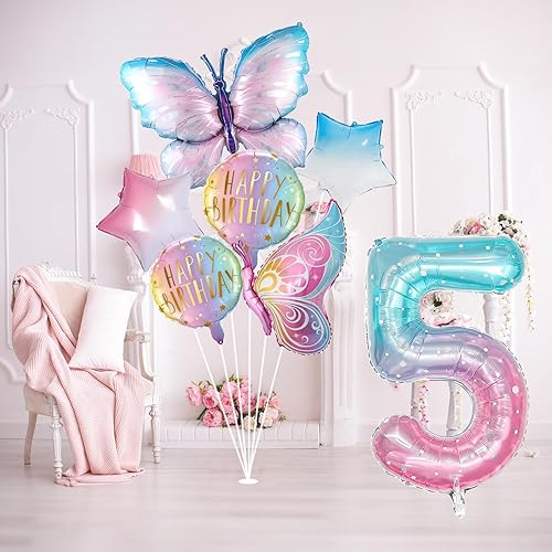 Miniatura 5 de Globos de mariposa Decoraciones de cumpleaños número 5 para niñas, globos de aluminio de color rosa degradado, globo gigante de aluminio de Mylar