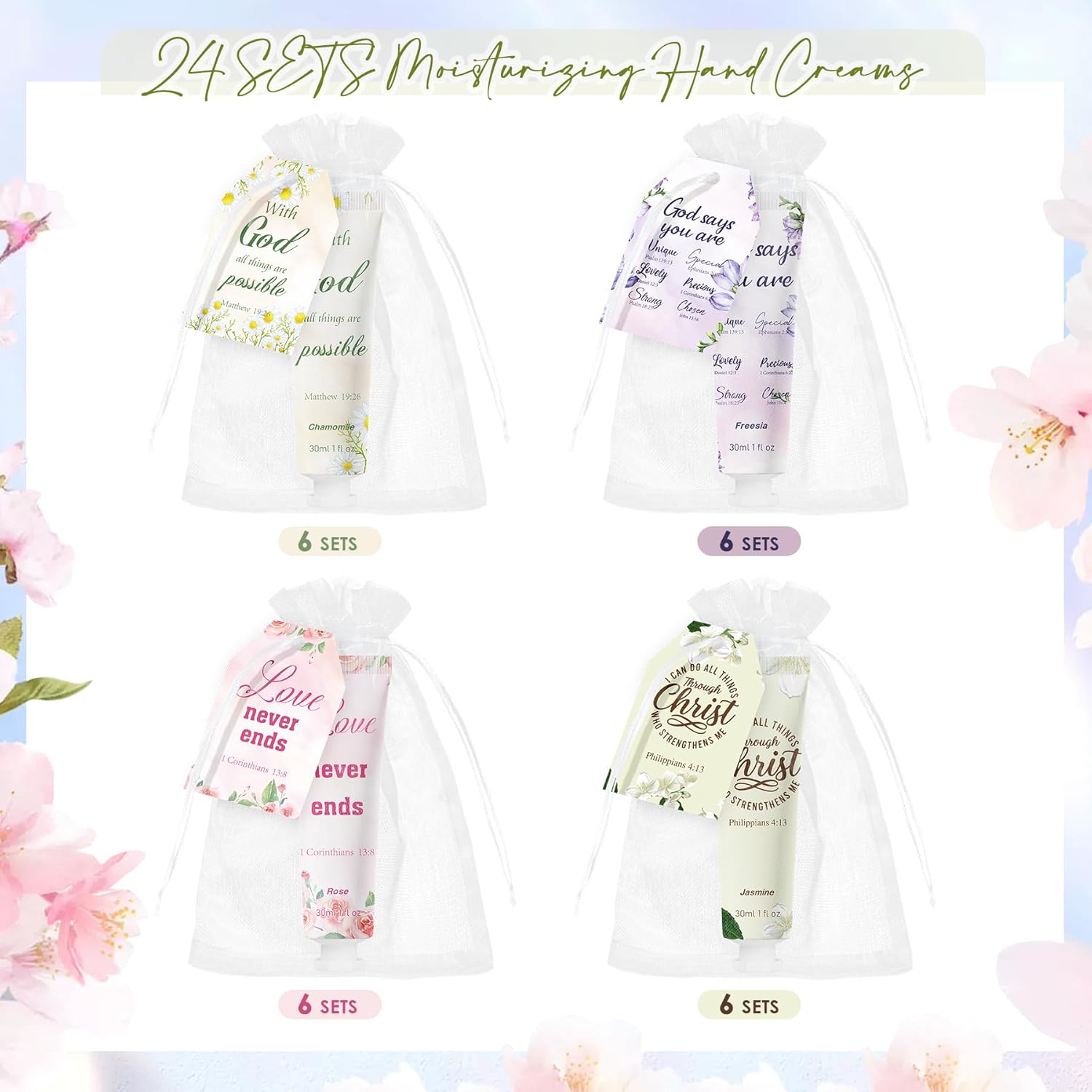 24 Sets Christian Hand Cream Gifts Bible Verse Hand Lotion for Party Favors with Organza Bags Prayer Cards, Christian Gifts for Women Guests Birthday Thank You Gift, Chamomile Rose Freesia Jasmine