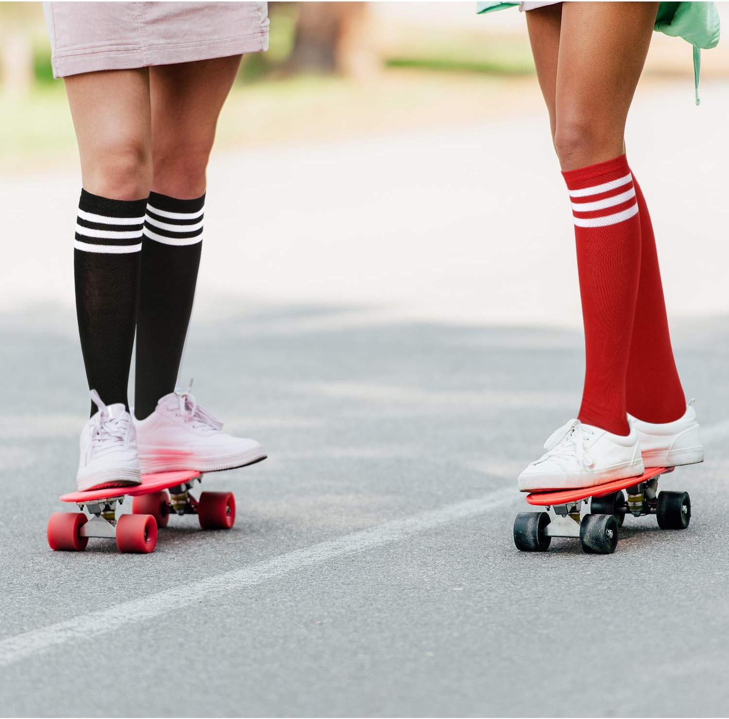 SATINIOR 4 Pairs Triple Stripes Knee High Socks Unisex Cotton Athletic Tube Socks Casual Outdoor Sport Season Gift(White in Red/Black Stripe, Red in White Stripe, Black in White Stripe,4) - Image 5