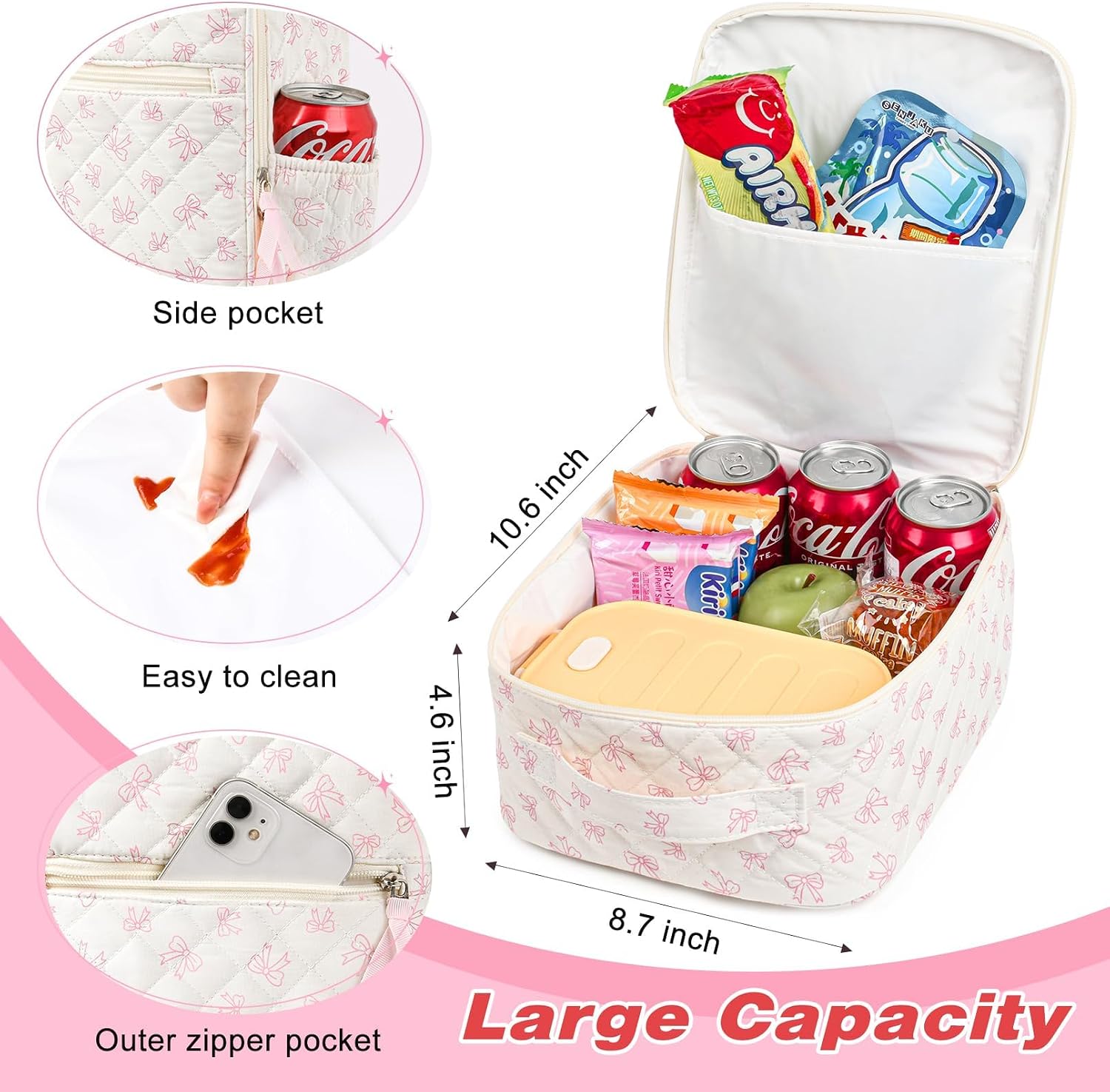 Aileam Lunch Box Lunch Bag for Women Cute Girls Insulated Womens Lunch Bag For Work Quilted Large Capacity Reusable Insulated Cooler for Work School Picnic Travel, Pink Bow