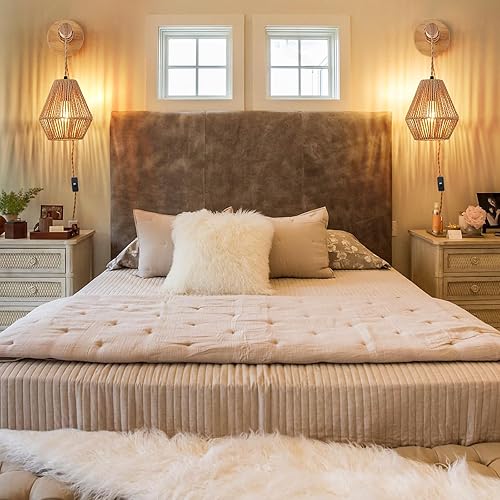 Miniatura 6 de Apliques de pared enchufables, lámpara de pared de cabecera con cable de enchufe y soporte de estante de madera, accesorios de iluminación de