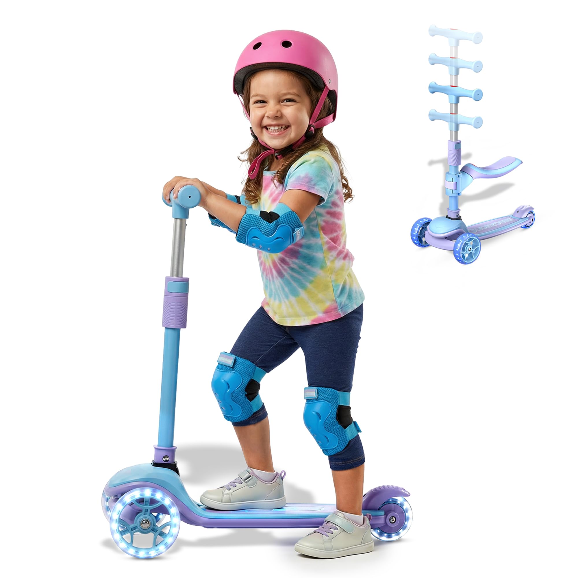 Kick Scooter for Kids Ages 3-8,3-Wheel Foldable Scooter with Adjustable Height Handlebars,LED Light-Up PU Wheels,Wide Anti-Slip Deck,Lean-to-Steer - Toy Gifts for Kids