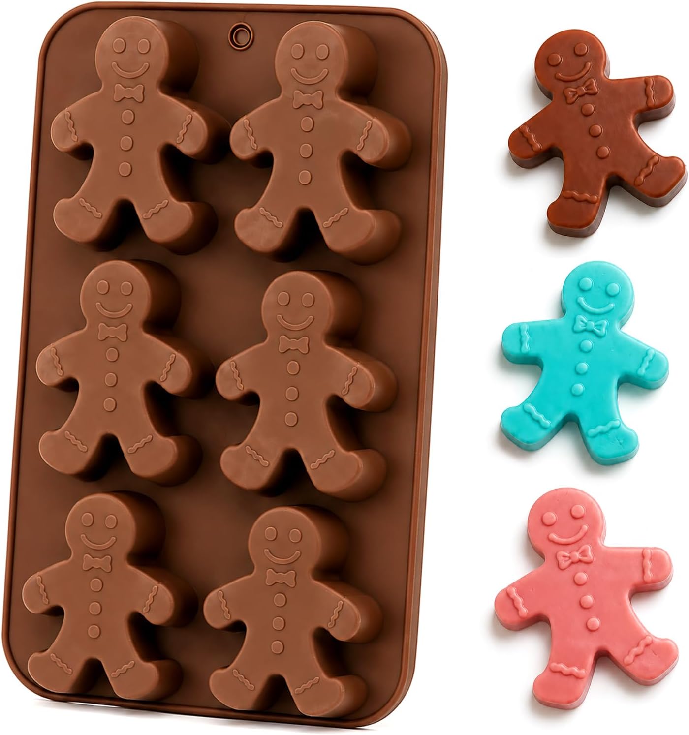 Gingerbread Man Silicone Baking Mold 6 Cavity Ice Cubes Molds | Large 3D thick candy cake pan for chocolate soap Christmas candle making supplies flexible nonstick easy release brown