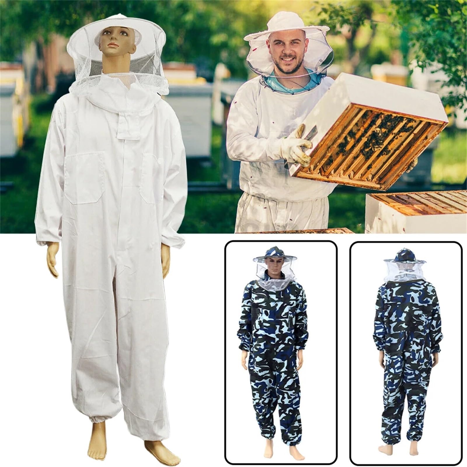Ropa De Apicultura Traje de seguridad for principiantes con velo, ropa protectora, traje apicultura, sombrero, apicultor profesional, cuerpo completo, antiabejas for el hogar(WHITE,L)