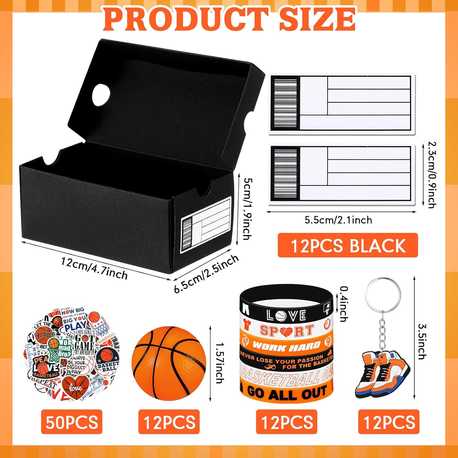 Fullhawl 12 Sets Mini Sneaker Boxes for Party Favors 4.72 x 2.56 x 1.97 Inches Mini Shoe Gifts Boxes with Editable Label Keychains Ball Bracelets Stickers for Sport Basketball Party Supplies(Black)