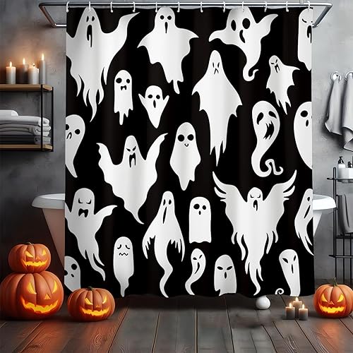 Miniatura 2 de MEHOFOND Cortina de ducha de fantasma de Halloween, cortina de baño espeluznante de Halloween, linda y divertida caricatura, iconos de fantasmas,