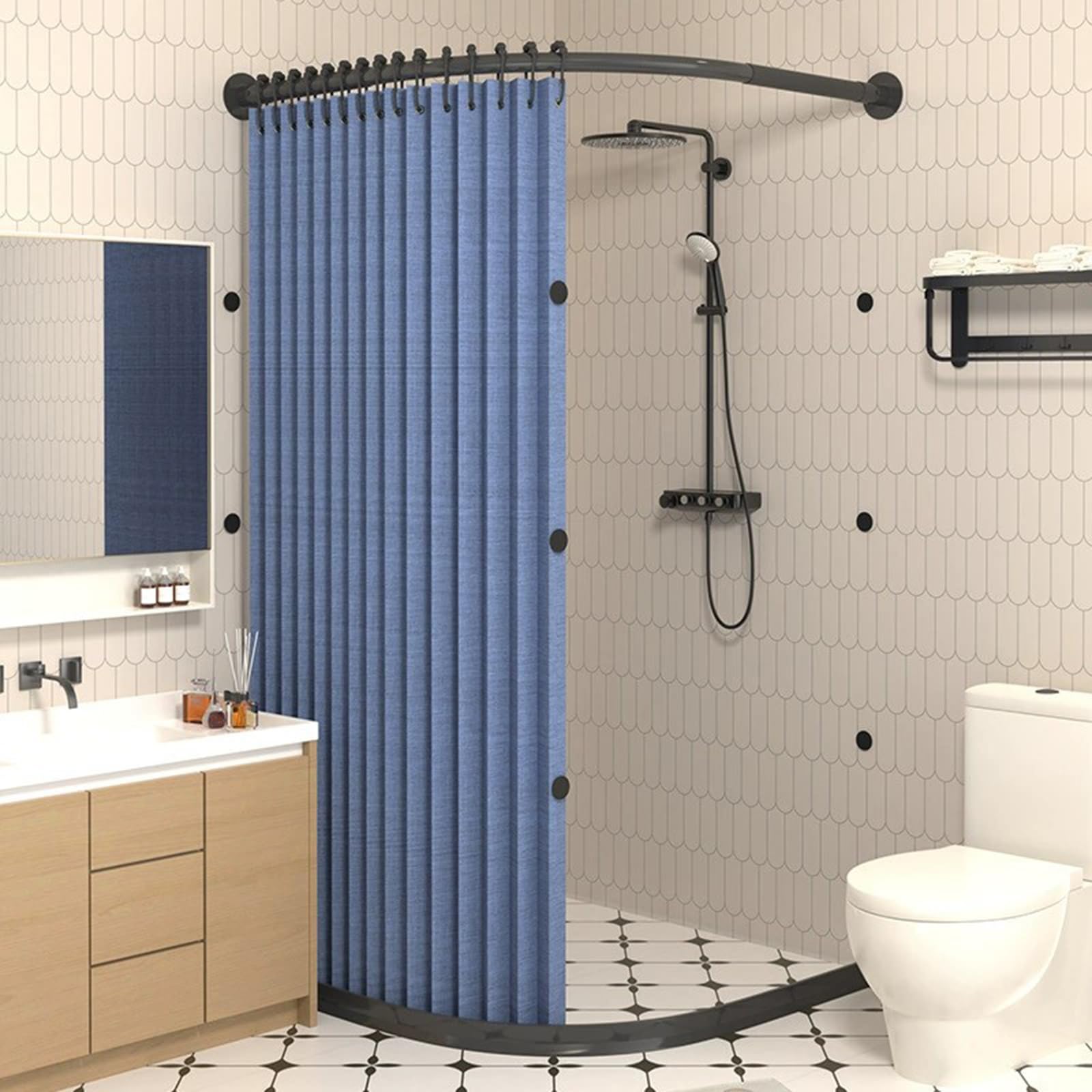 GLDYTVF Curved Shower Curtain Set, Magnetic Folding Shower Curtain, Waterproof Corner Divider with Curved Rod, Includes Shower Rod & Water Retention Strip (X85~90cm x Y85)