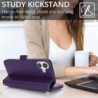for iPhone 16 Phone Case with Card Holder for Women Men,Phone Case Wallet for iPhone 16 with Wrist Strap,PU Leather Zipper Pocket Credit Card Slots Flip Cover,Purple
