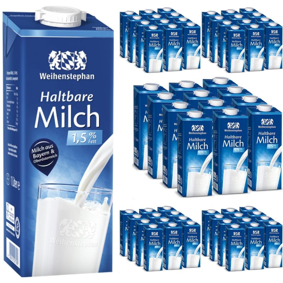 Milch haltbare fettarme H-Milch 1,5% Fett, je 1 Liter, 60 Stück mit Pufai Grocery