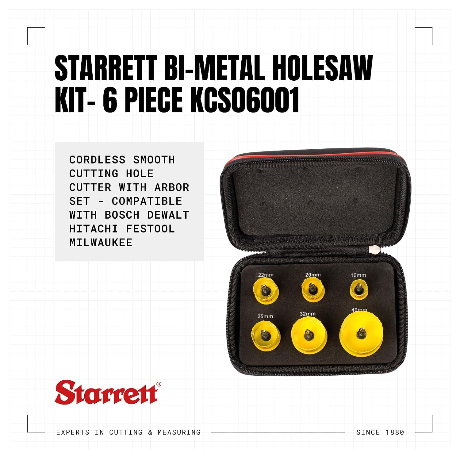 Starrett Bi-Metall-Lochsägen-Bausatz - 6-teiliger KCS06001 Akku-Glattschnitt-Lochschneider mit Dorn-Set - Kompatibel mit Bosch Dewalt Hitachi Festool Milwaukee