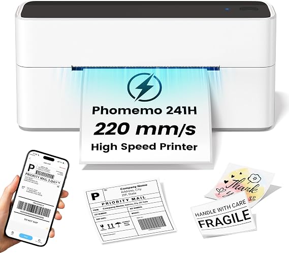 Phomemo High-Speed Shipping Label Printer 220mm/s - 4X6 Wireless Thermal Label Printer for Small Business, Compatible with iPhone, Android, Shopify, Amazon, USPS, Black