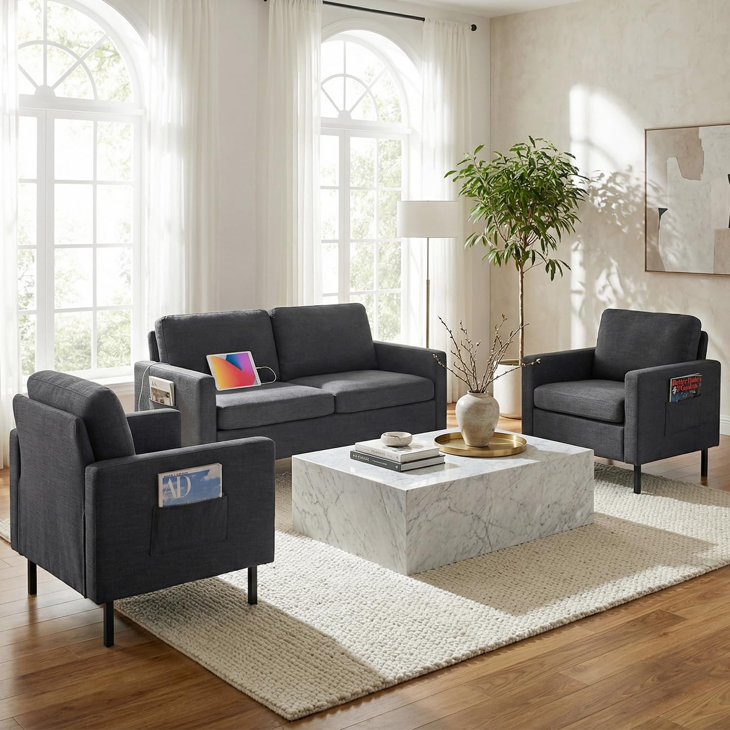 STHOUYN Modern 3-Piece Living Room Set 56 Grey Sofa Loveseat with USB Ports Small Couch and Chair Set