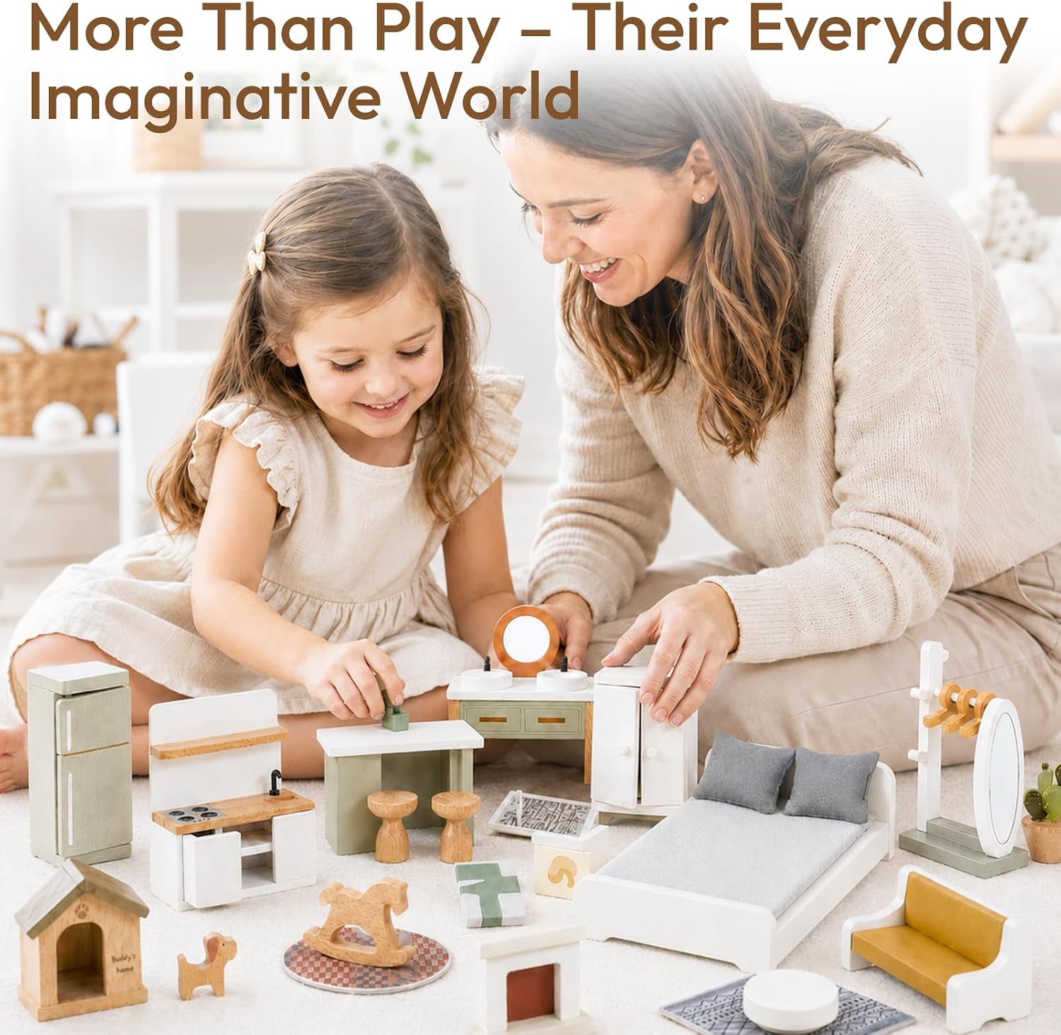 Giant bean 33 PCS Wooden Dollhouse Furniture Set, Modern Doll House Accessories with Bedroom, Kitchen, Bathroom, Nursery & Living Room, Montessori Pretend Play Toys for Kids Girls Boys Age 3+