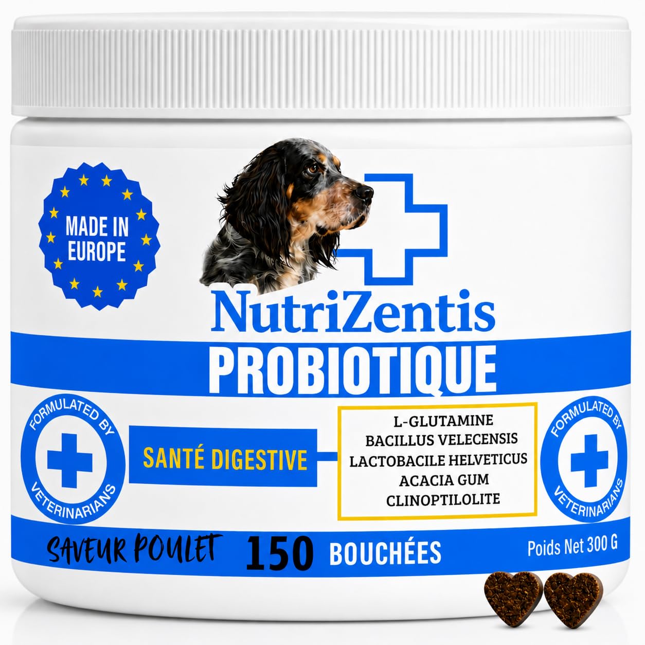 Probiotique Chien 150 Bouchées Répare la Flore intestinale du Chien, renforce Son système immunitaire, probiotiques pour Chiens | Fabriqué en Europe | 150 Bouchées au Poulet