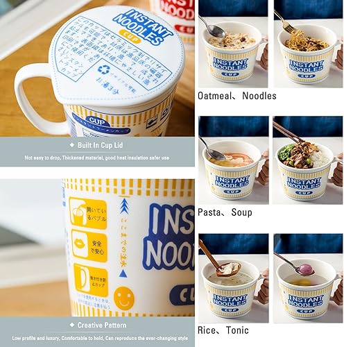 Miniatura 3 de Cuenco de fideos instantáneos de cerámica con tapa, taza creativa para sopa de ramen, cuenco para almuerzo para estudiantes (color rojo, tamaño M)