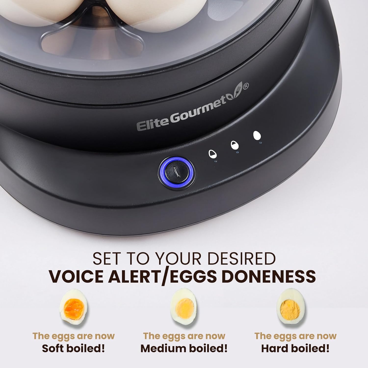 Elite Gourmet EGC587 EGGSYNC™ Easy Egg Cooker with Voice Alerts, 7-Egg Capacity, Soft, Medium, Hard-Boiled Settings, Measuring Cup with Piercing Pin, Auto Shut-Off, BPA-Free