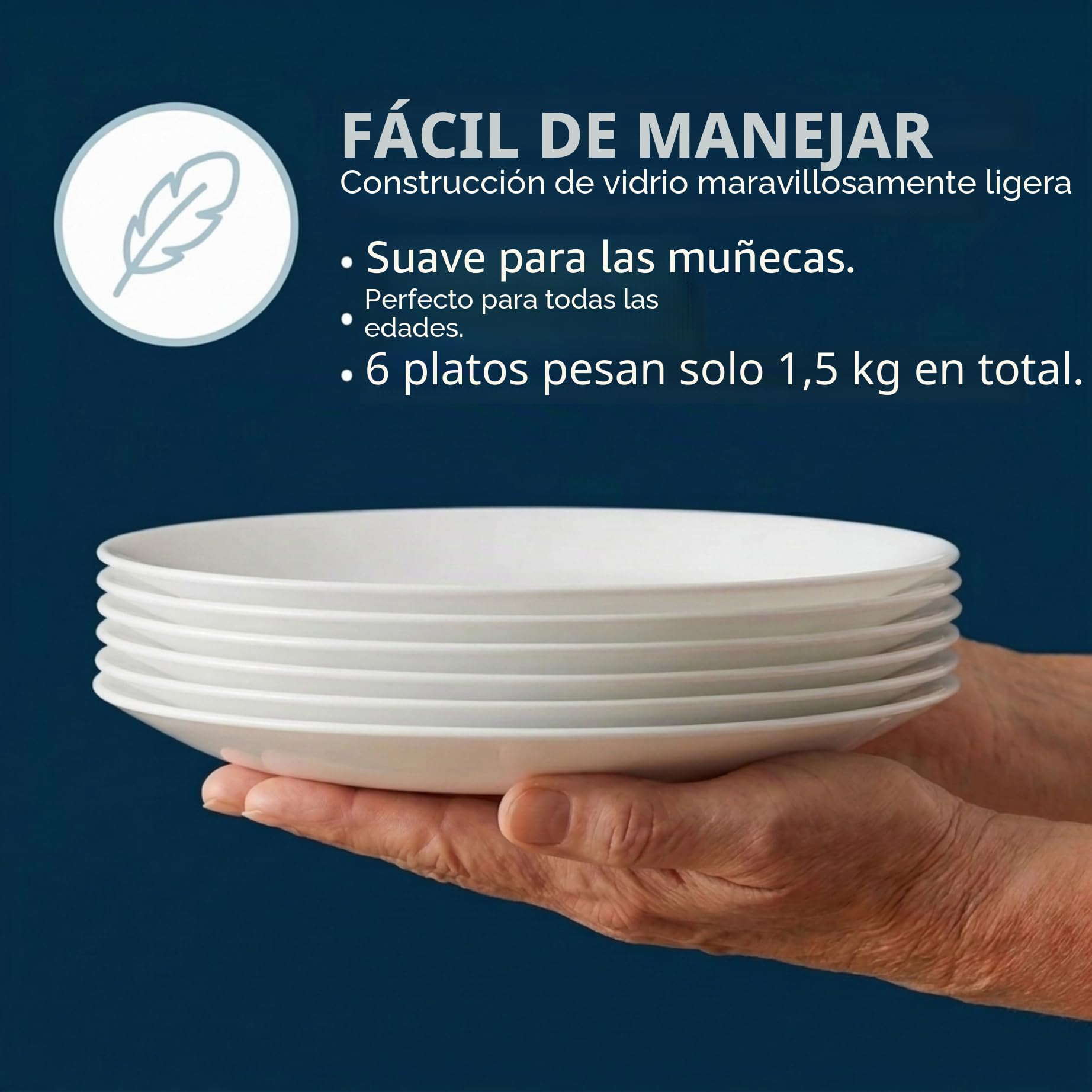 CORELLE Vitrelle - Juego de 6 platos para ensalada (cristal de tres capas, antiastilla), 21,6 cm, color blanco helado