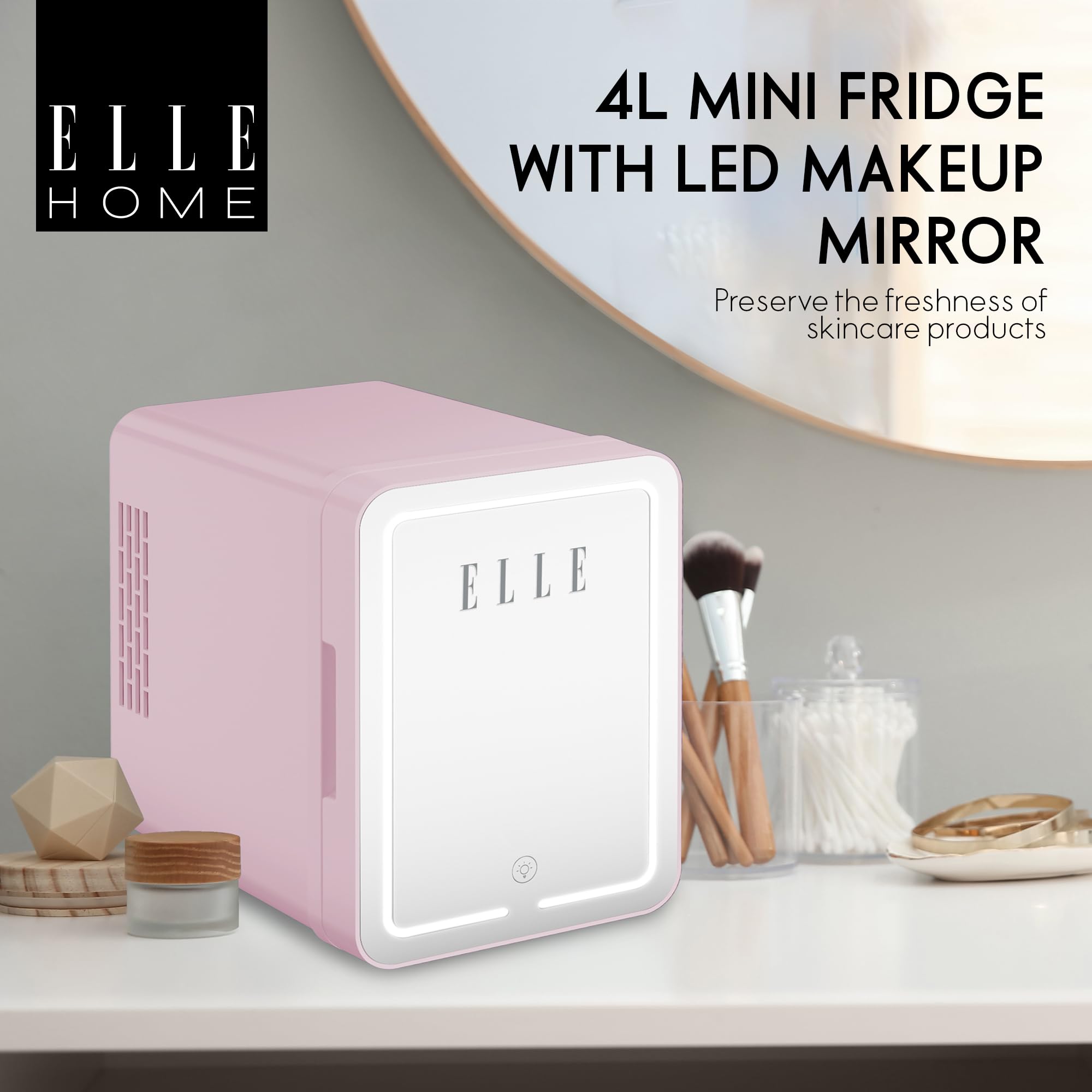 ELLE Mini nevera cosmética 4L con espejo LED – Nevera belleza caliente y fría para Skincare, cuidado y cosmético, iluminación táctil ajustable, estante extraíble y asa de transporte, color morado